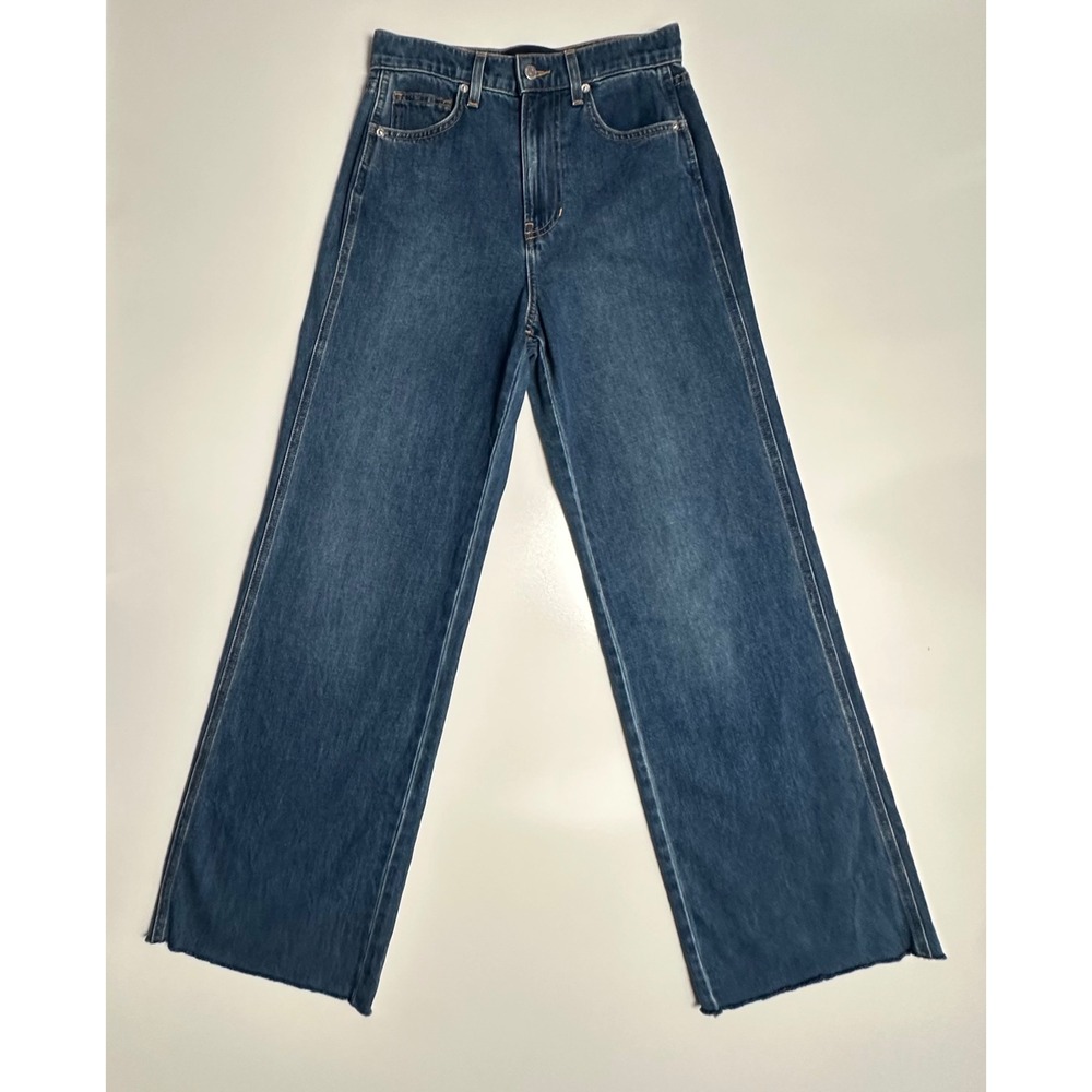 Veronica Beard Taylor Wide Leg High Rise Jeans Blue Denim Raw Hem Size 26 NWOT